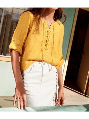 Maeve Anthropologie Yellow Linen Lace-Up Blouse With Roll Tab Sleeves Size 2 US